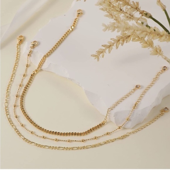 GOLD 14k Gold Plated 3pc Chain Anklets - Picture 3 of 3